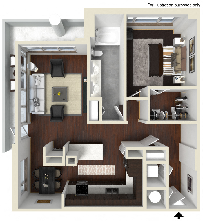 Floor plan for 1 bed, 1 bath, 982 sqft